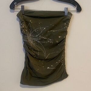 Olive Green Strapless Ruched Tube Top with Studded Floral Detail